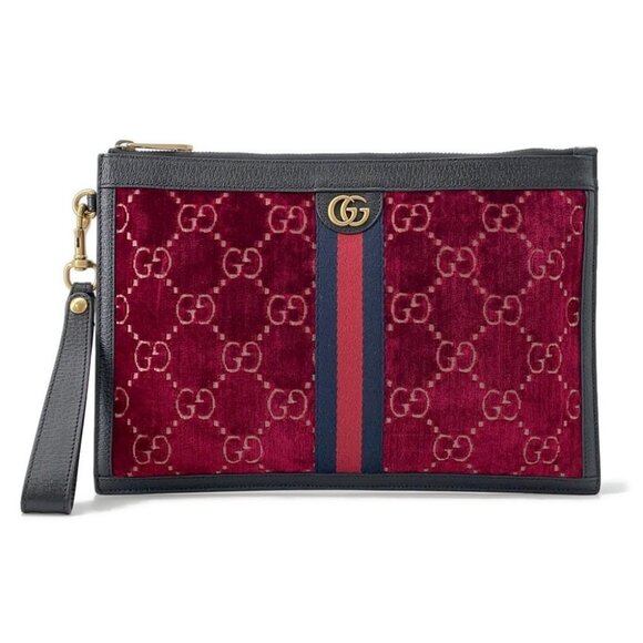 GUCCI GGVelvet Clutch Bag Velvet/Leather Red/Black - Picture 2 of 15